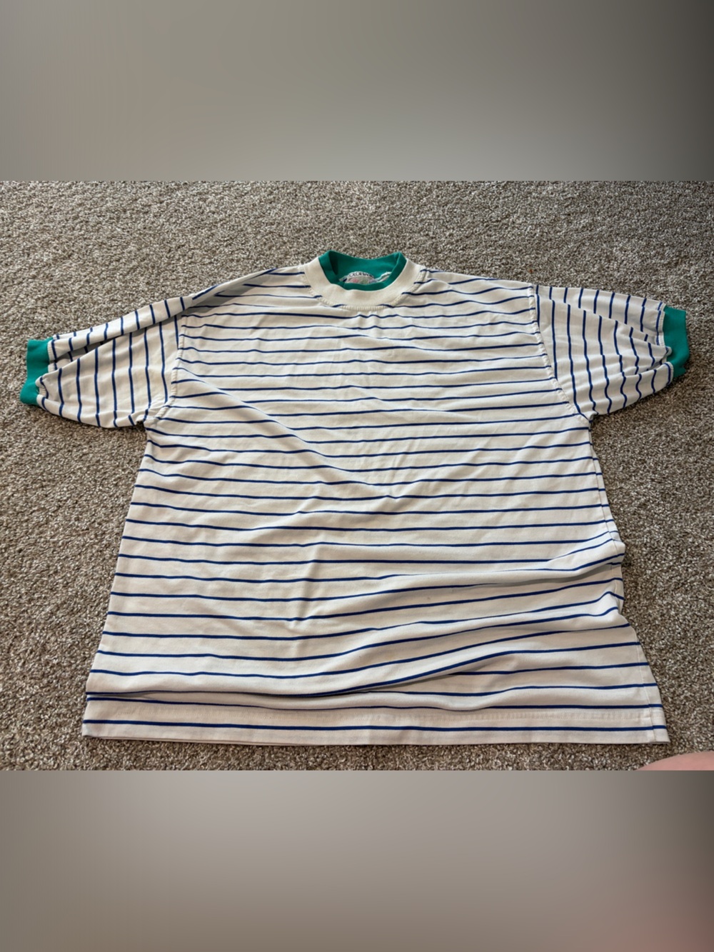 Color Packed 80s/90s Retro Striped Tee with Green Trim - Blue & White